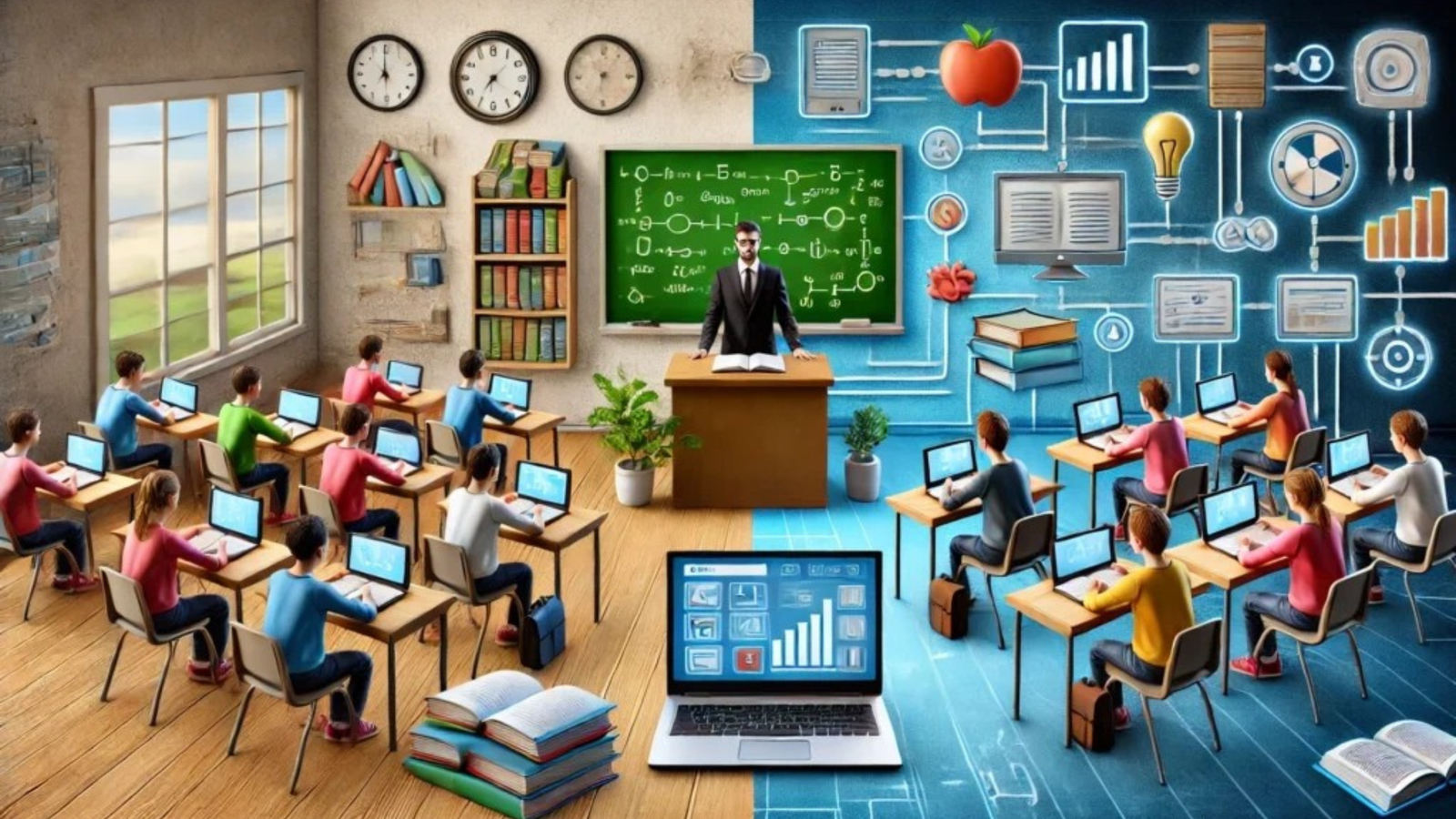 A split classroom scene showing traditional learning (left) with students at desks and a teacher at a blackboard, blending into a technology-driven AI learning environment (right) with digital overlays, graphs, and connected devices.
