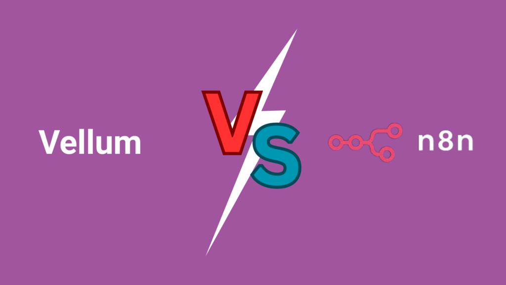 Comparison graphic: Vellum logo (white flower icon) on the left versus n8n logo (pink branching icon) on the right, separated by a red 'V' and teal 'S' lightning bolt on a purple background.