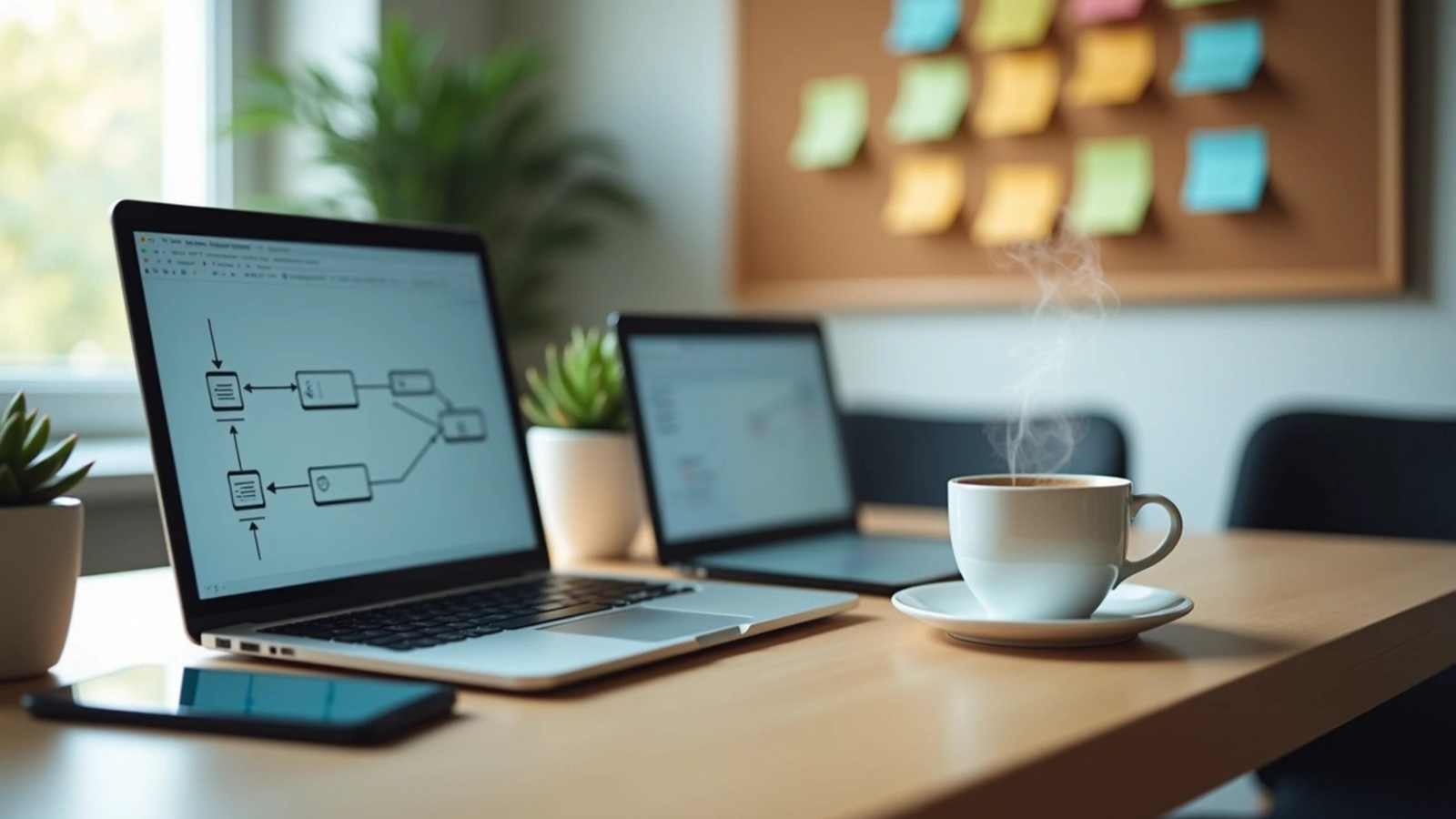 Two laptops on a wooden desk, one displaying a workflow automation diagram. A steaming white mug of coffee is in the foreground, and a cork board with colorful sticky notes is visible in the background.