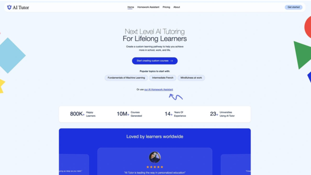 Homepage of the AI Tutor website, showcasing custom course creation for lifelong learners