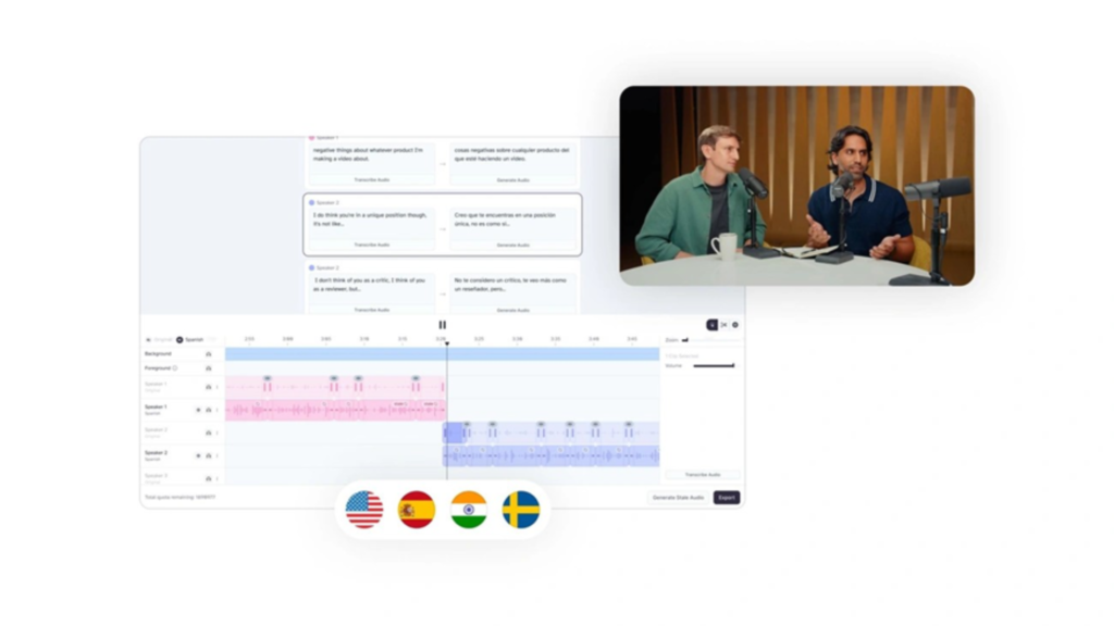 Interface of a video editing tool showing multi-track audio dubbing and translation into different languages