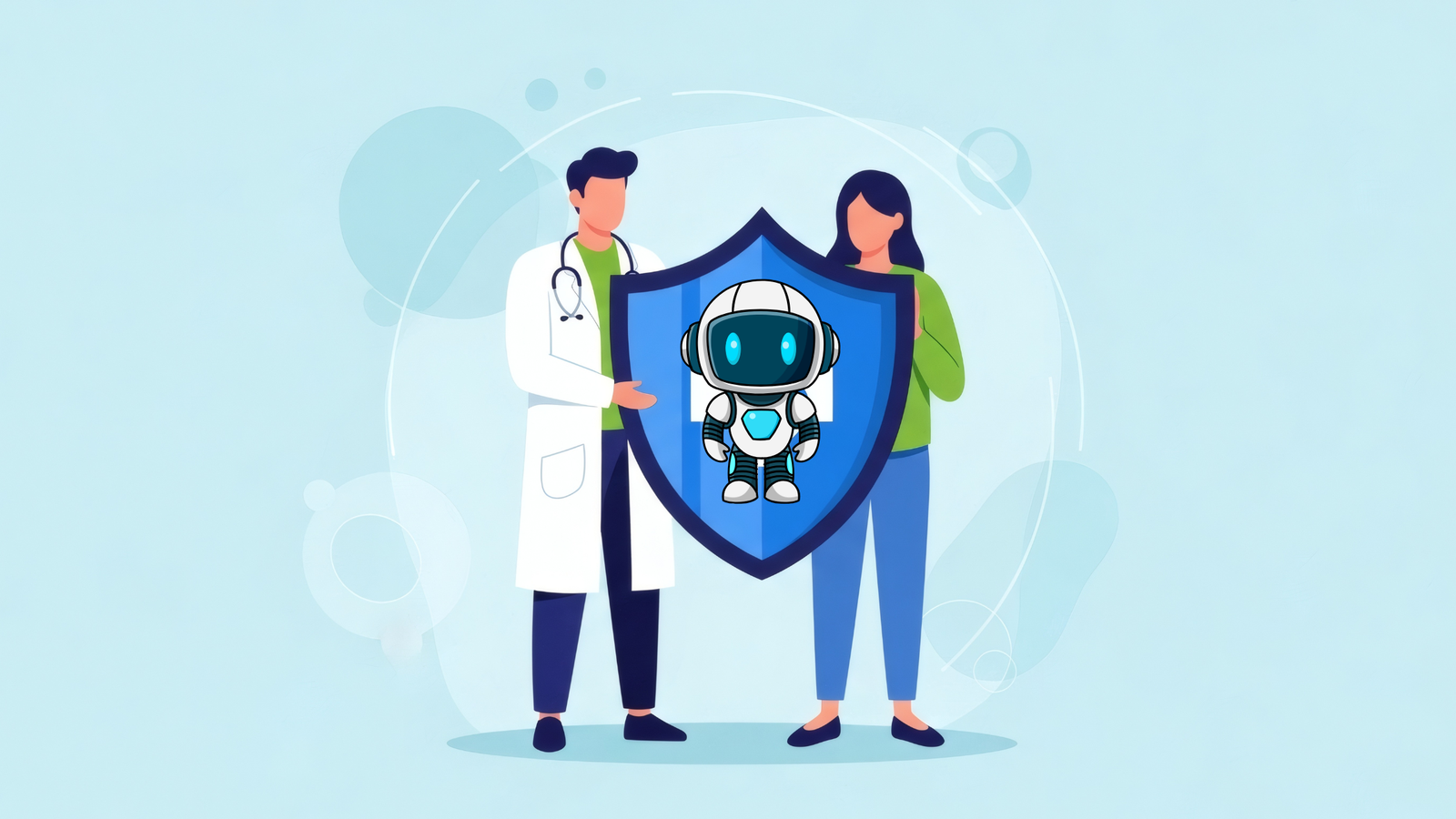 A vector illustration of a male doctor in a white lab coat and a female patient standing side-by-side, holding a large blue shield. Centered on the shield is a small, friendly robot with glowing blue eyes, symbolizing AI-powered security and protection in Mental healthcare.