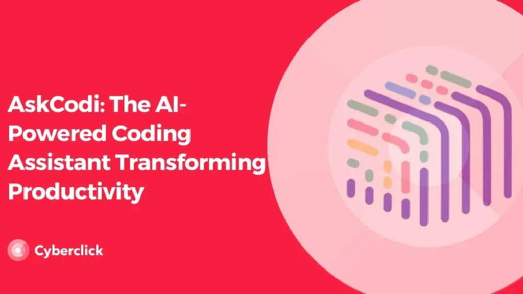 Red promotional banner for AskCodi, an AI-powered coding assistant, featuring a colorful 3D wireframe cube