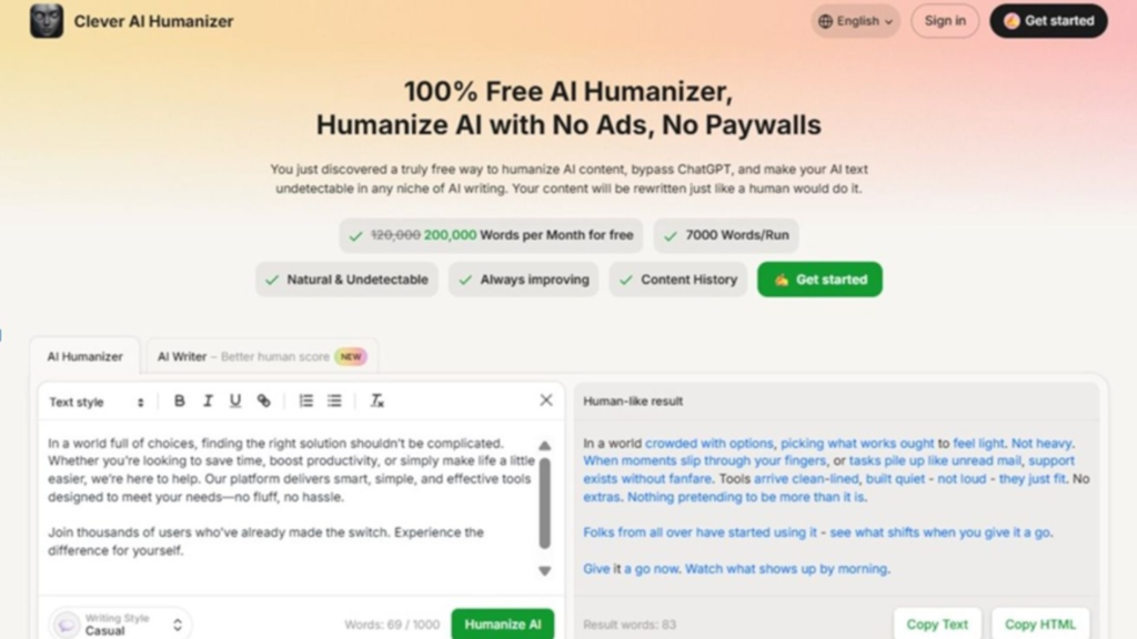 Website for Clever AI Humanizer showing a text input box on the left and a "human-like" rewritten result on the right