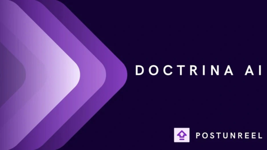 Logo for Doctrina AI on a dark purple background with layered purple chevron patterns on the left