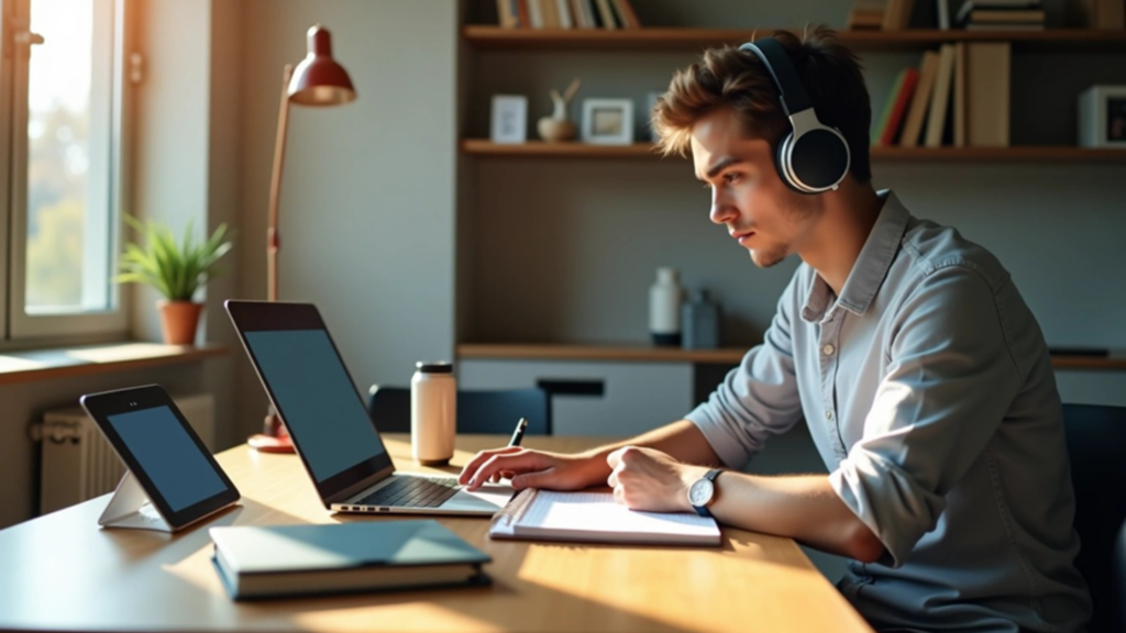 A young man with headphones sitting at a desk, focused on a laptop screen with a notebook and tablet nearby in a sunlit room