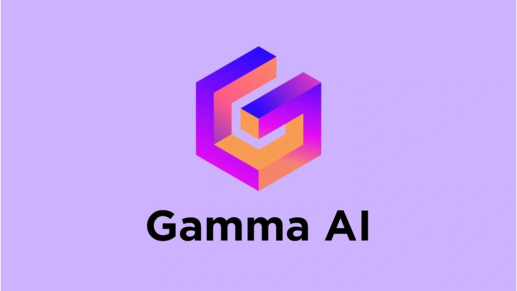 Gamma AI logo featuring a stylized 3D isometric 'G' with a purple and orange gradient on a light purple background