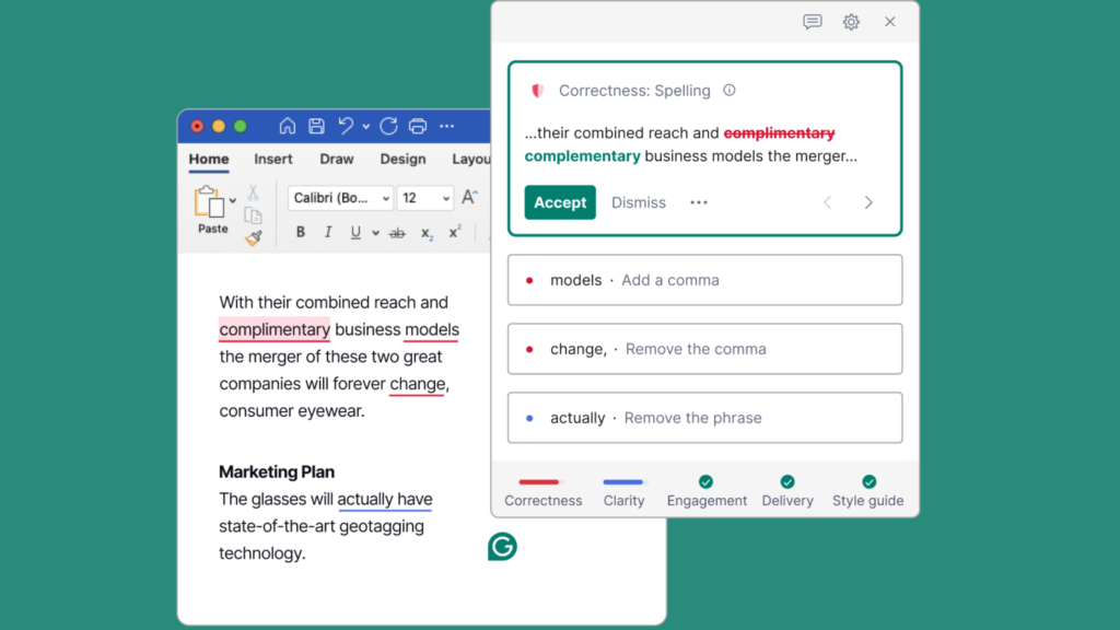 A screenshot of the Grammarly interface overlaid on a word processing document, showing real-time spelling and grammar suggestions