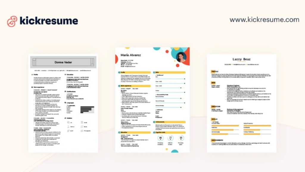 Comparison of three different resume templates—traditional, modern, and creative—on the Kickresume website