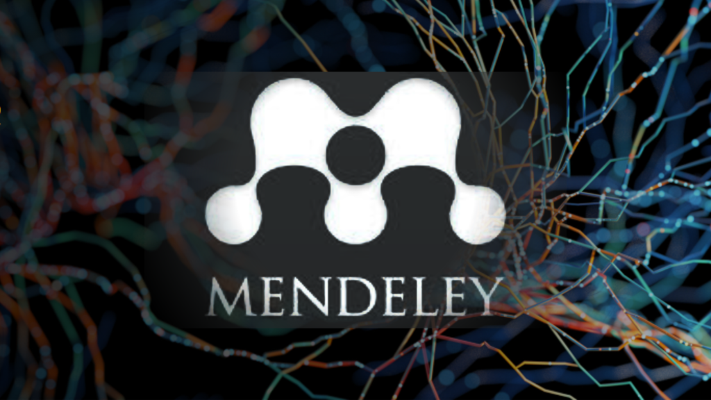 Mendeley logo featuring a white stylized 'M' icon and serif text against a dark background with colorful glowing network patterns