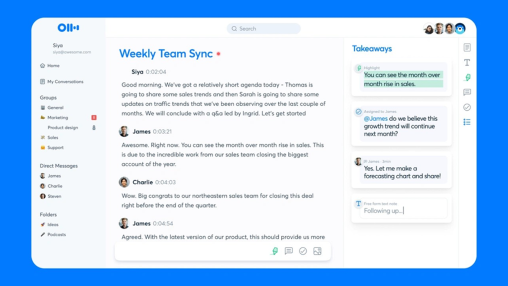 A web dashboard interface showing a meeting transcript for a "Weekly Team Sync" with highlighted takeaways