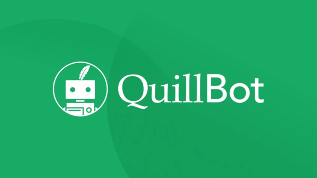 Logo for QuillBot, featuring a green background and a white minimalist robot head icon with a quill feather