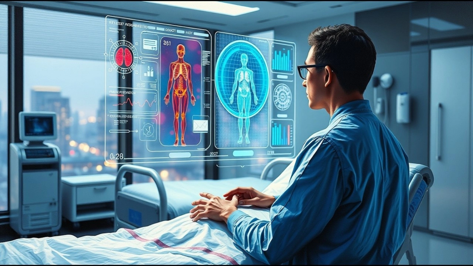 A patient sitting in a hospital bed looking at a large, semi-transparent holographic interface displaying anatomical scans and real-time health data