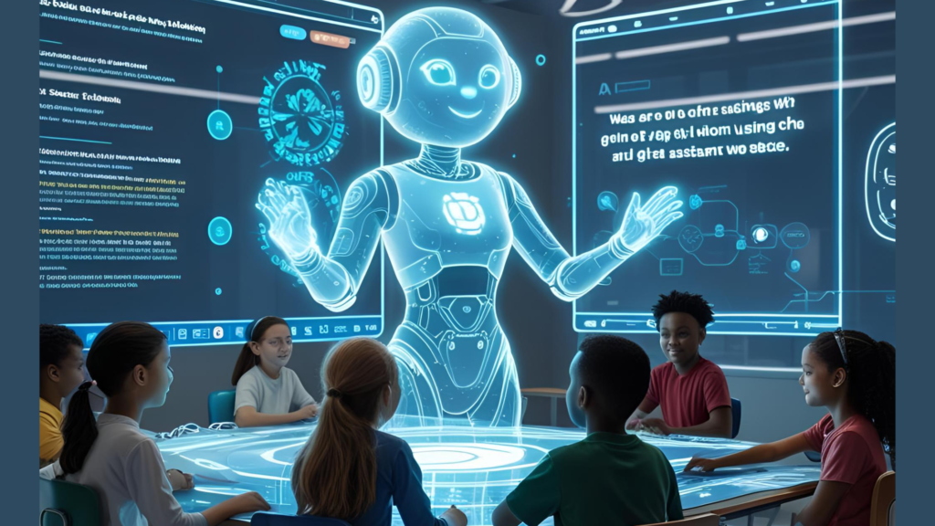 A diverse group of five children sitting around a futuristic, glowing table while interacting with a friendly, translucent blue holographic robot tutor in a high-tech classroom.