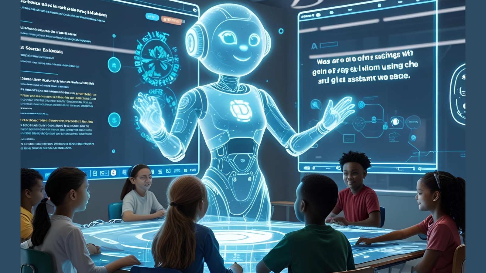A diverse group of five children sitting around a futuristic, glowing table while interacting with a friendly, translucent blue holographic robot tutor in a high-tech classroom.