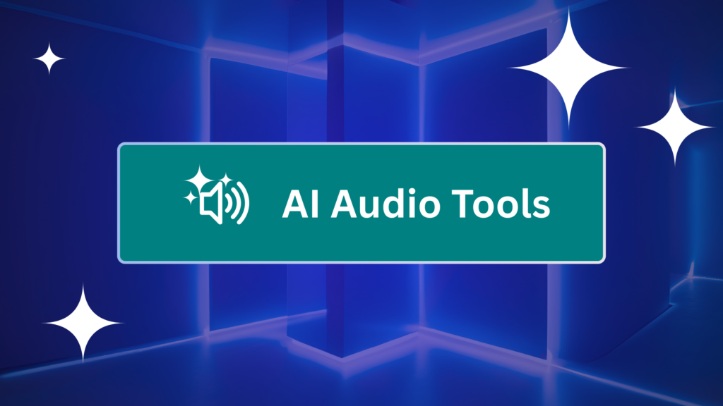 A central blue banner with a white pen icon and the text "AI Audio Tools" against a futuristic, dark blue geometric background with white stars.