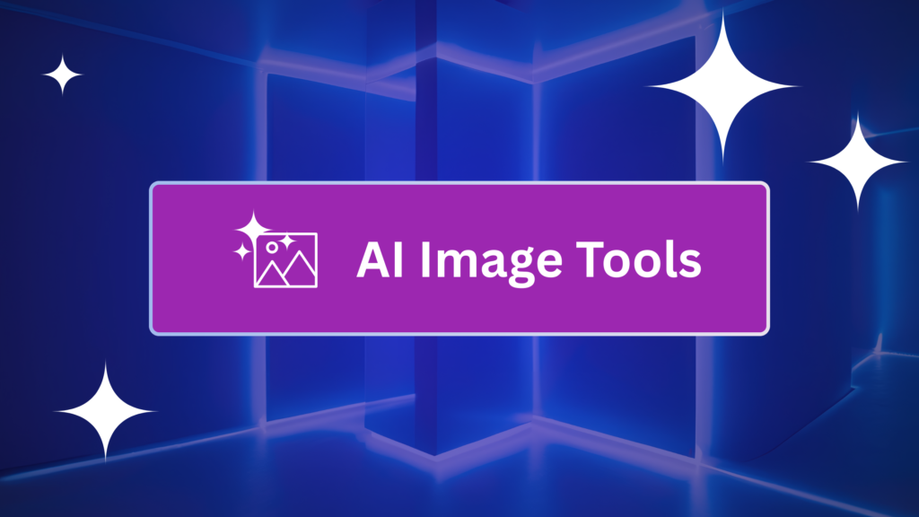 A central blue banner with a white pen icon and the text "AI Image Tools" against a futuristic, dark blue geometric background with white stars.