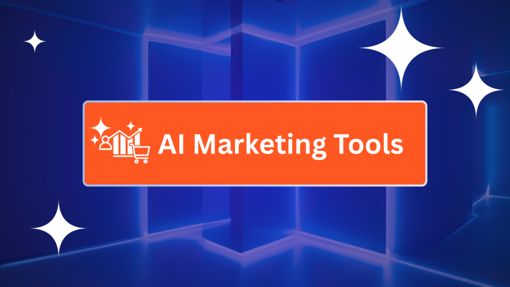 A central blue banner with a white pen icon and the text "AI Marketing Tools" against a futuristic, dark blue geometric background with white stars.