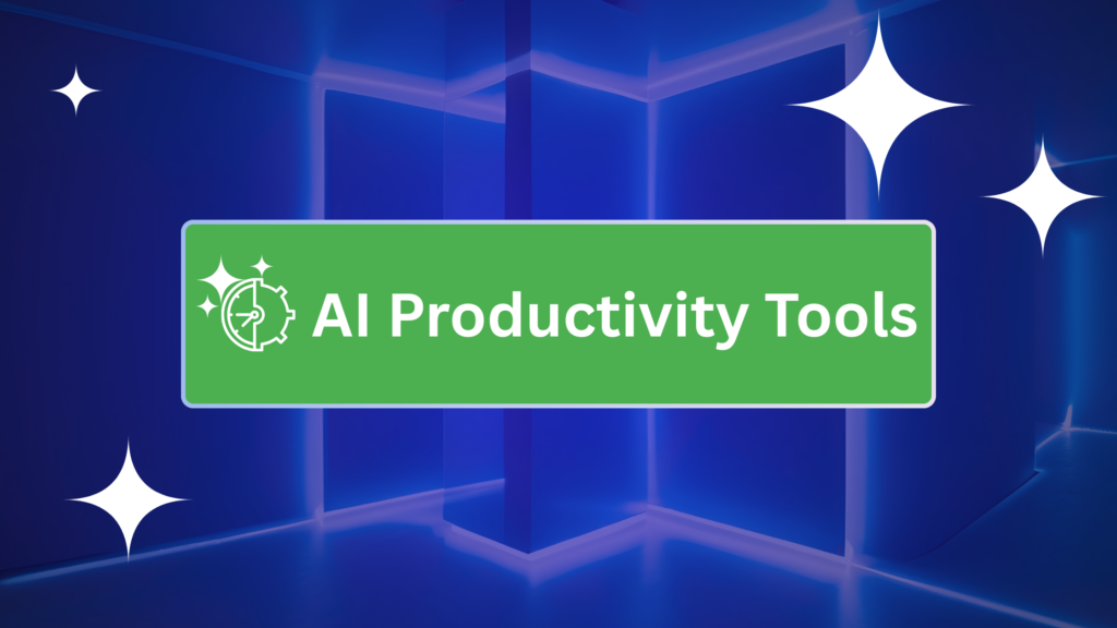 A central blue banner with a white pen icon and the text "AI Productivity Tools" against a futuristic, dark blue geometric background with white stars.