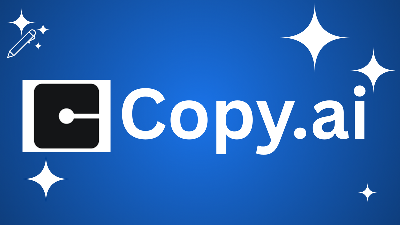 Copy.ai logo featuring a black square icon with a white circuit-style graphic and white text on a starry blue background.