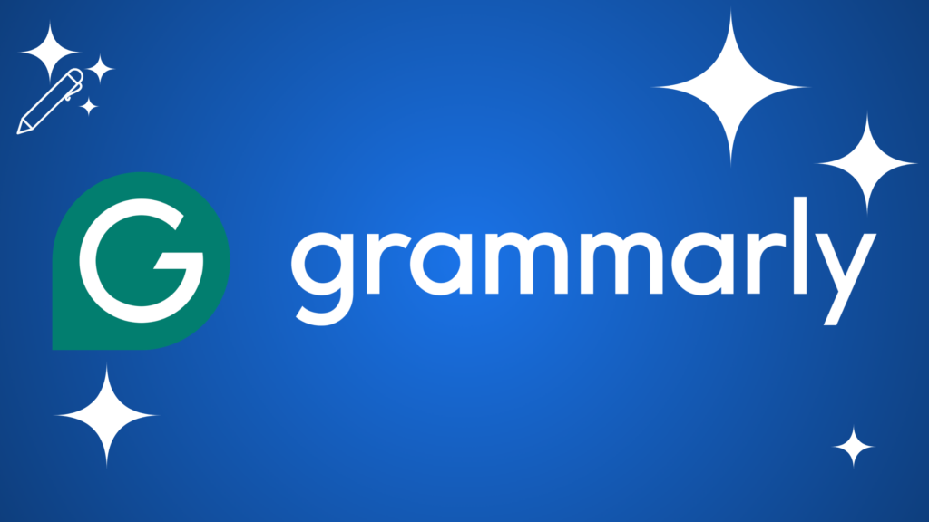 Grammarly logo featuring a green teardrop-shaped icon with a white "G" and white text on a blue background with white stars.