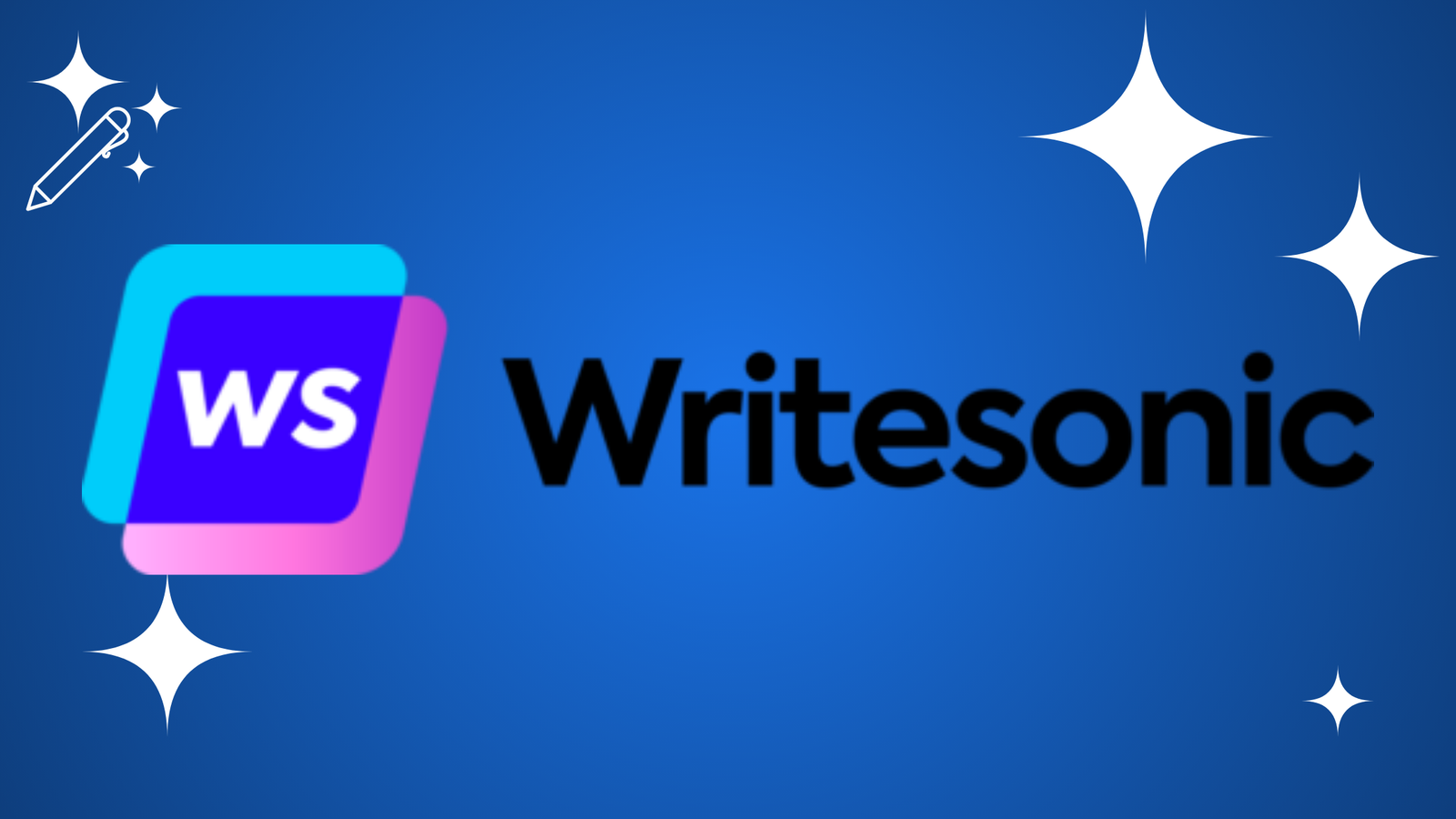 A professional branding graphic for Writesonic featuring a vibrant square icon with the letters "ws" inside, set against a deep blue background decorated with white sparkling star accents and the brand name "Writesonic" in bold black text.