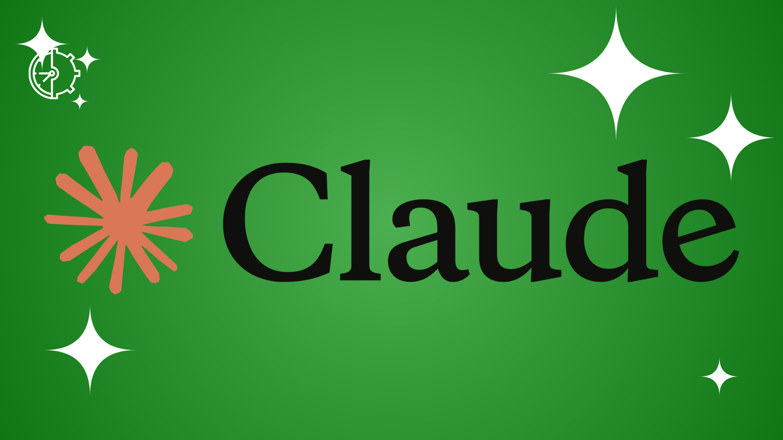 Claude logo featuring a terracotta-colored sunburst icon and bold black serif text on a green gradient background with white stars.