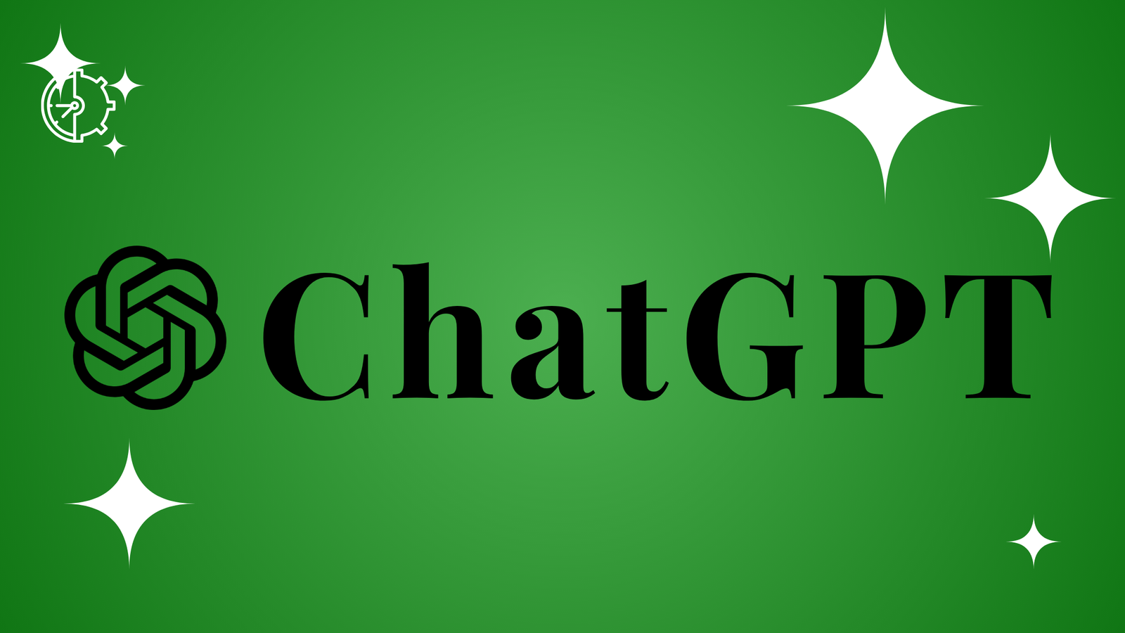 ChatGPT logo featuring a black geometric swirl icon and bold black serif text on a green gradient background with white stars.