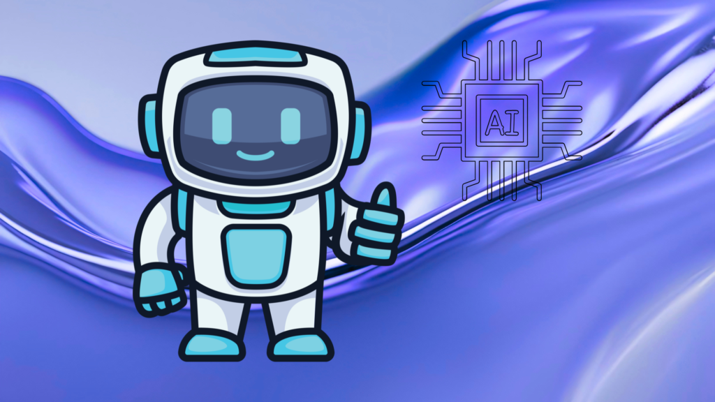 A cartoon robot giving a thumbs‑up beside an AI microchip icon, set against a smooth blue and purple metallic background.