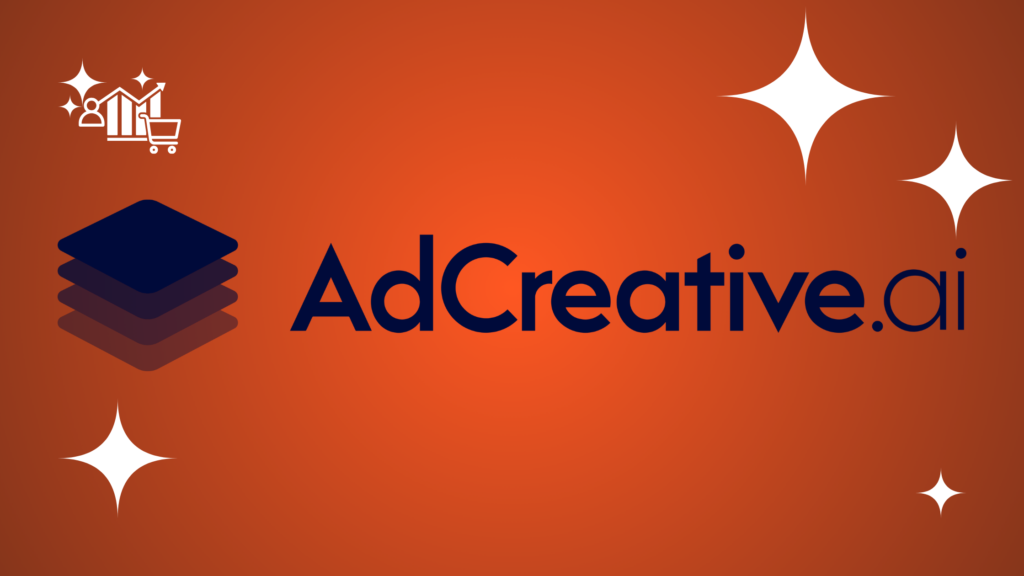 AdCreative.ai logo featuring a black stylized icon and bold black sans-serif text on a red-orange gradient background with white stars.