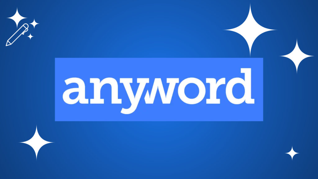 Anyword logo featuring white sans-serif text on a light blue rectangular background, set against a deep blue gradient with white stars.