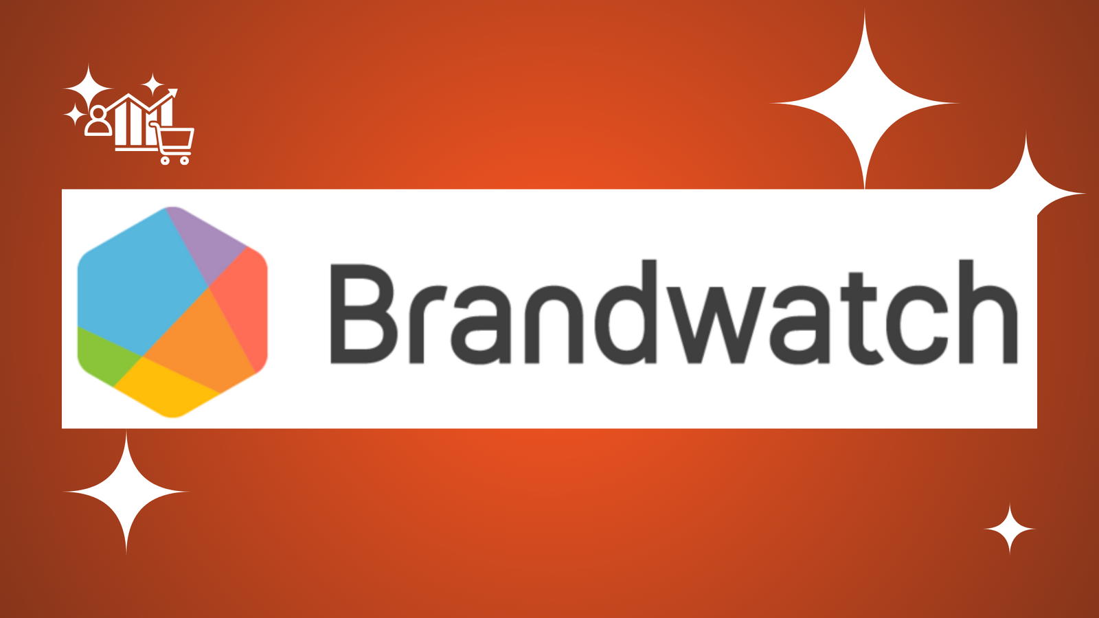 Brandwatch logo featuring a white stylized icon and bold white sans-serif text on a vibrant red-orange gradient background with white stars.