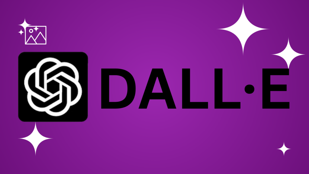 DALL·E logo featuring a black geometric swirl icon and bold black sans-serif text on a purple gradient background with white stars.