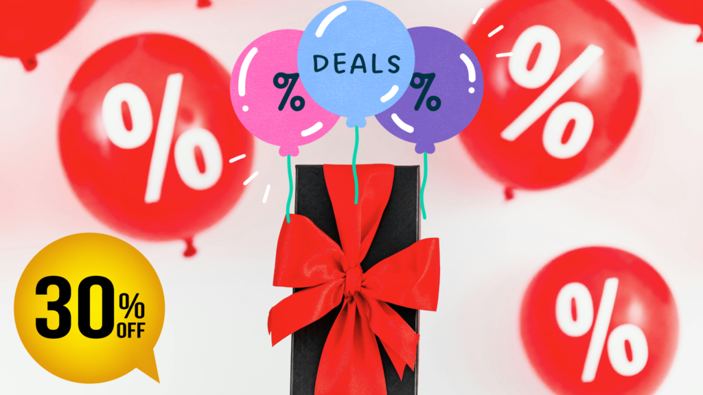 A black gift box with a red ribbon surrounded by colorful balloons and percentage symbols, featuring a bright yellow “30% OFF” label.