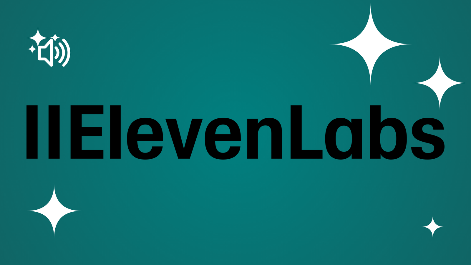 ElevenLabs logo featuring a black stylized icon and bold black sans-serif text on a teal gradient background with white stars.
