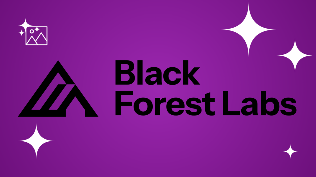 Black Forest Labs logo featuring a black geometric triangular icon and bold black sans-serif text on a purple gradient background with white stars.