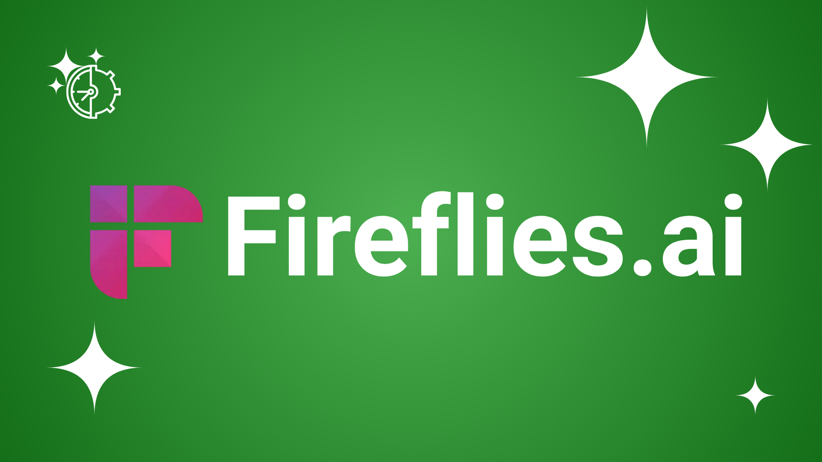 Fireflies.ai logo featuring a white stylized icon and bold white sans-serif text on a green gradient background with white stars.