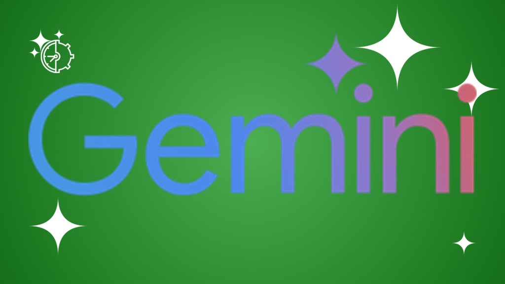 Gemini logo featuring a blue stylized four-pointed star icon and bold white sans-serif text on a green gradient background with white stars.