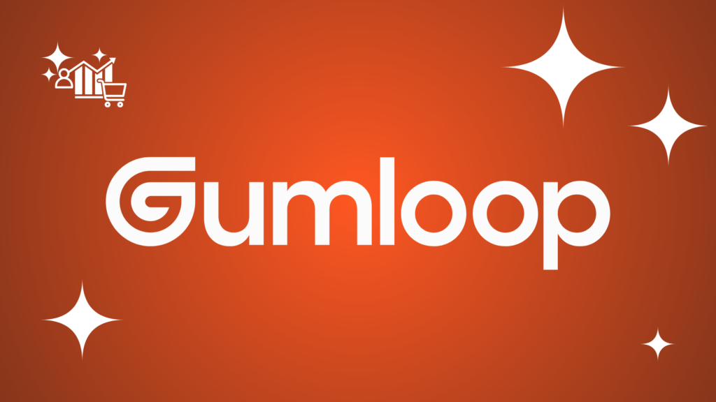 Gumloop logo featuring a stylized icon and text on a red-orange gradient background with white stars.