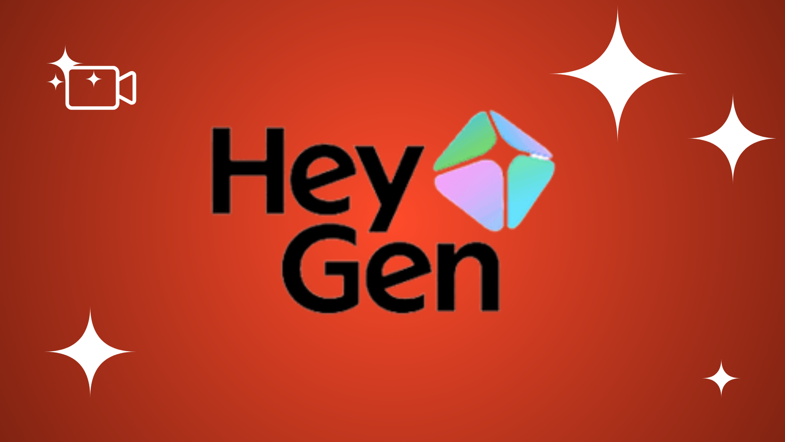 HeyGen logo featuring a black stylized icon and bold black sans-serif text on a reddish-orange gradient background with white stars.