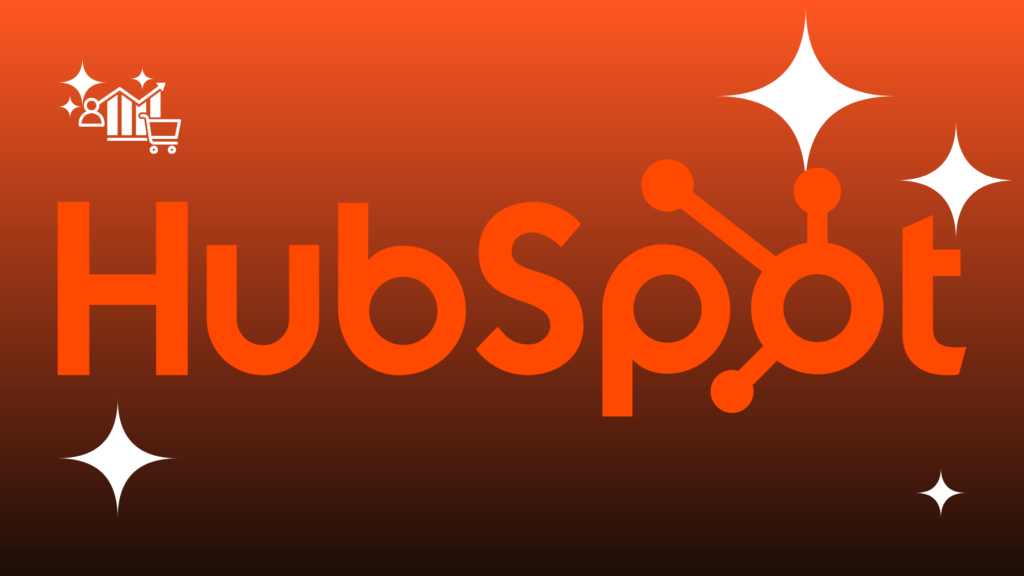 HubSpot AI logo featuring a black stylized sprocket icon and bold black sans-serif text on a vibrant orange gradient background with white stars.