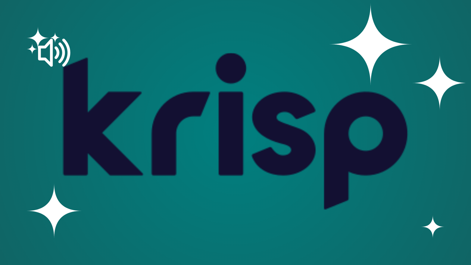 Krisp logo featuring a black stylized geometric icon and bold black sans-serif text on a teal gradient background with white stars.