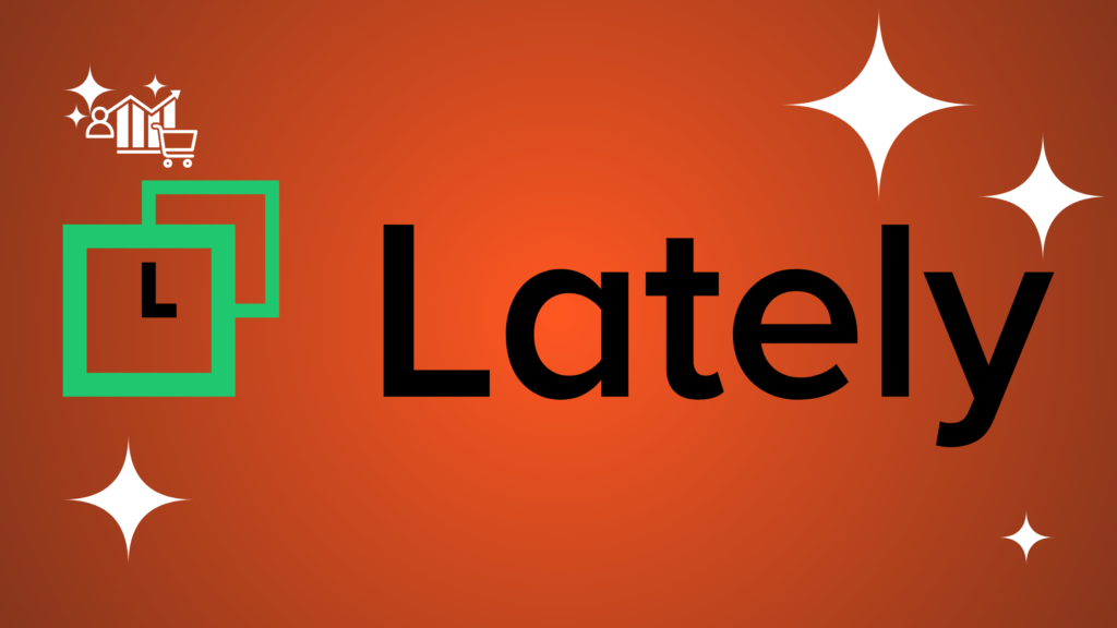Lately.ai logo featuring a black stylized icon and bold black sans-serif text on a red-orange gradient background with white stars.