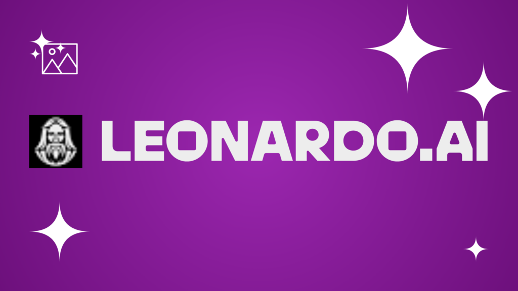 Leonardo AI logo featuring a white illustration of a bearded man's head in a black square and bold white text on a purple gradient background with white stars.