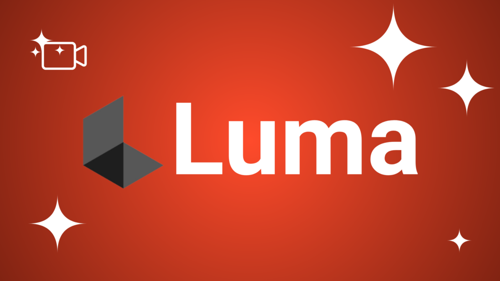 Luma logo featuring a black stylized "L" icon and bold black sans-serif text on a reddish-orange gradient background with white stars.