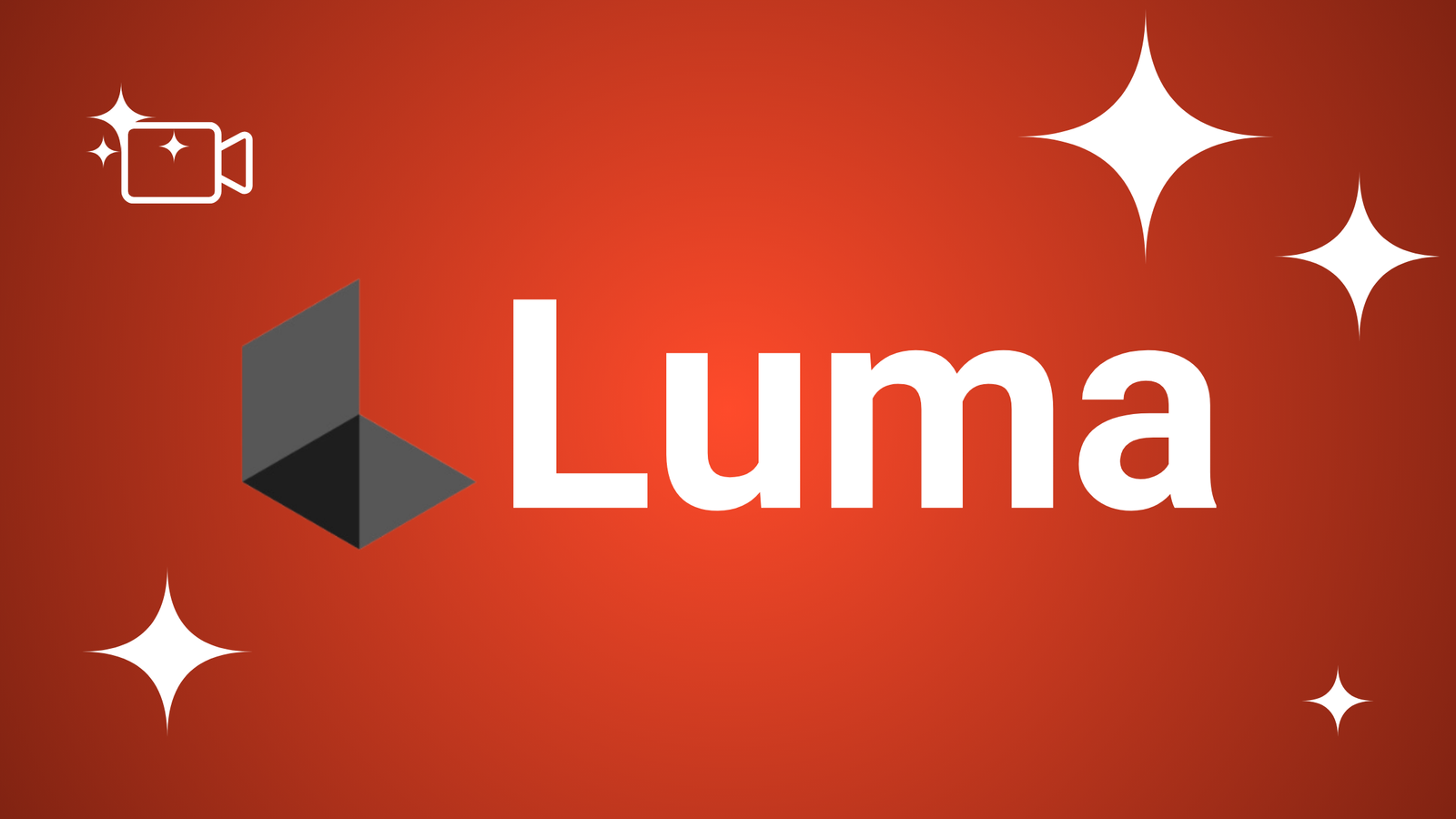 Luma logo featuring a black stylized "L" icon and bold black sans-serif text on a reddish-orange gradient background with white stars.