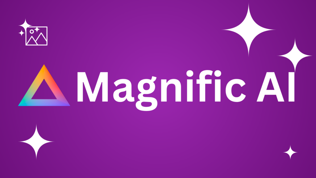 Magnific AI logo featuring a black stylized geometric icon and bold black sans-serif text on a purple gradient background with white stars.