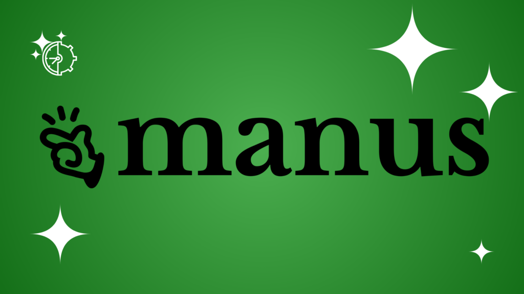 Manus logo featuring a black stylized icon and bold black sans-serif text on a green gradient background with white stars.