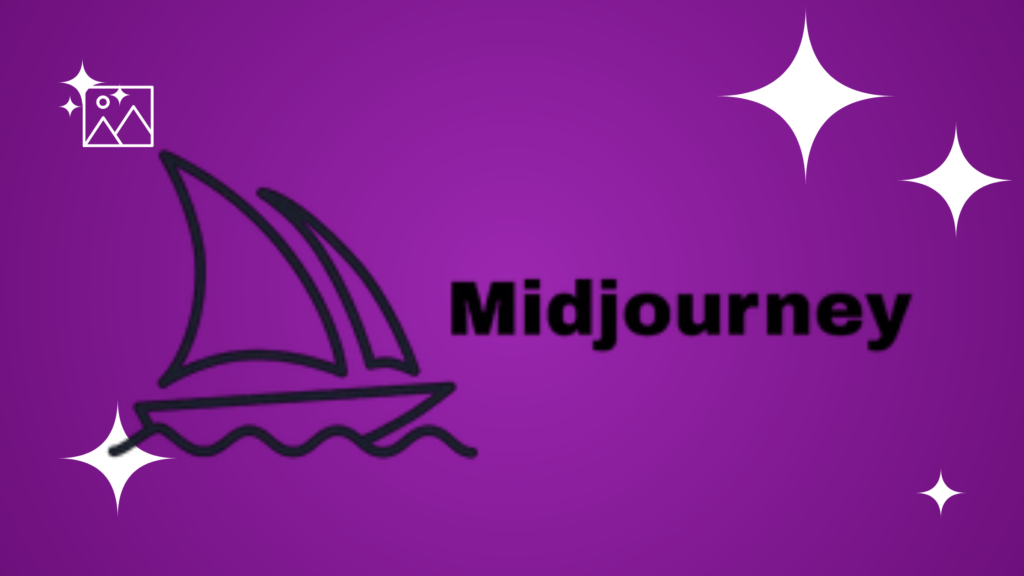 Midjourney logo featuring a black line-art sailboat icon and bold black text on a purple gradient background with white stars.