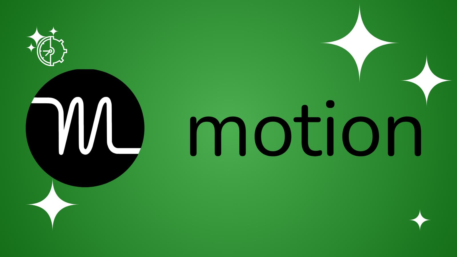 Motion logo featuring a black stylized icon and bold black sans-serif text on a green gradient background with white stars.